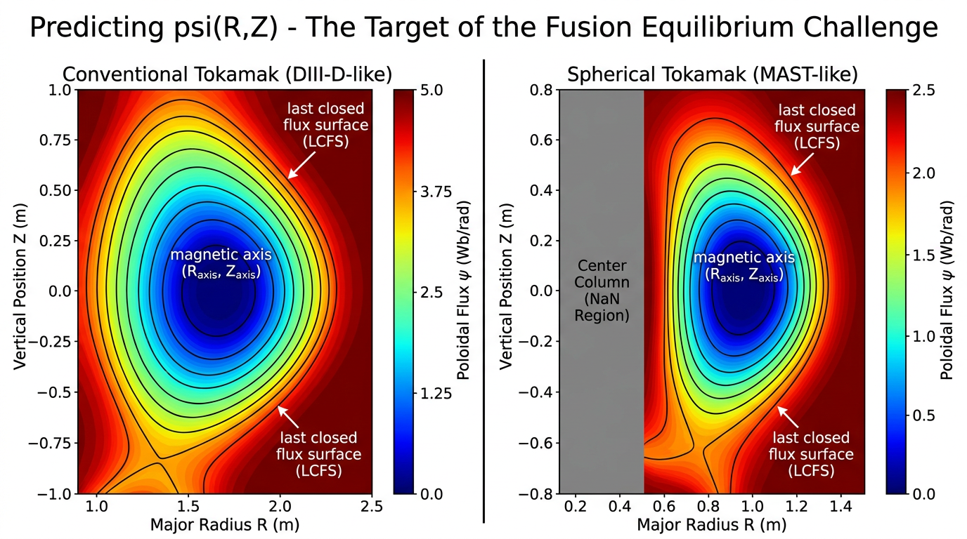Example poloidal flux map ψ(R,Z) with nested magnetic flux surfaces.
