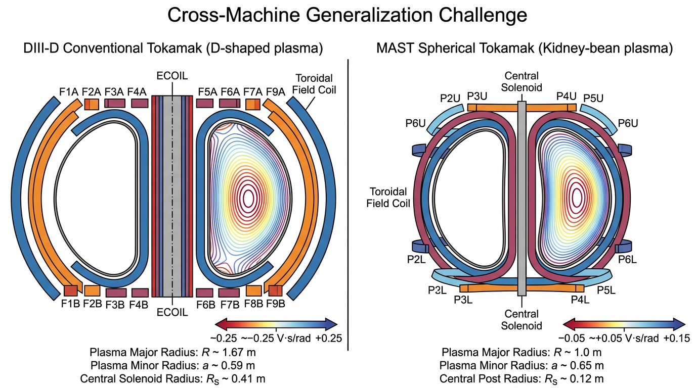 Comparison of DIII-D conventional D-shaped plasma and MAST spherical kidney-bean plasma cross-sections.